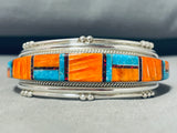 Vibrant Native American Navajo Signed Inlay Turquoise Spiny Opal Sterling Silver Bracelet-Nativo Arts