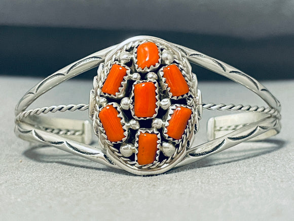 Outstanding Native American Navajo Coral Signed Sterling Silver Bracelet-Nativo Arts