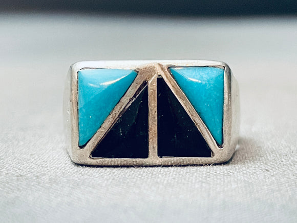 Intricate Vintage Turquoise Jet Inlay Sterling Silver Ring-Nativo Arts