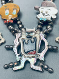Looney Tunes Old Zuni Turquoise Sterling Silver Inlay Squash Blossom Necklace-Nativo Arts