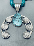 Huge Native American Navajo Turquoise Sterling Silver Coin Squash Blossom Necklace-Nativo Arts