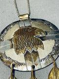 Gigantic 4 Inch Vintage Native American Navajo Sterling Silver Gold Eagle Necklace-Nativo Arts