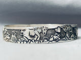 Carved Horse Scenery Vintage Native American Navajo Signed Lloyd Becenti Silver Bangle Bracelet