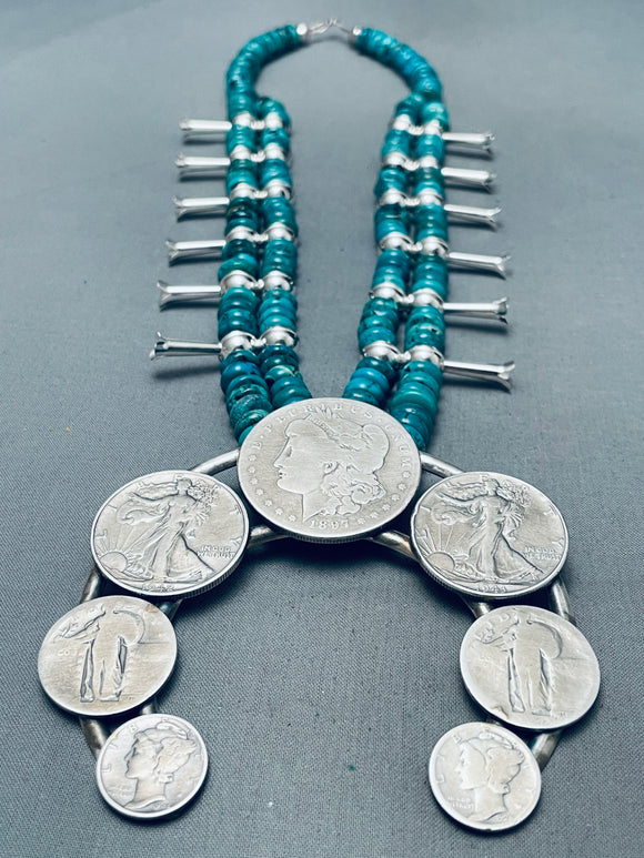 Big Coin Naja Native American Navajo Turquoise Sterling Silver Squash Blossom Necklace-Nativo Arts