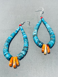 Native American Traditional Santo Domingo Turquoise Coral Spiny Oyster Sterling Silver Earrings-Nativo Arts