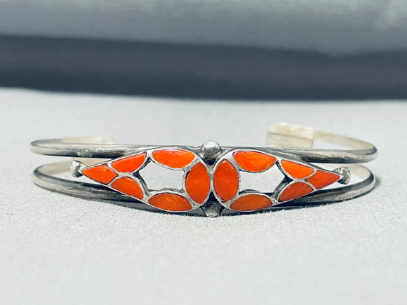 Brilliant Vintage Native American Zuni Coral Inlay Sterling Silver Bracelet-Nativo Arts
