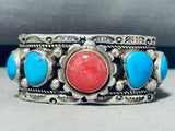Majestic Vintage Native American Navajo Rhodolyte 5 Blue Gem Turquoise Sterling Silver Cuff-Nativo Arts