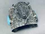 133 Grams Buffalo Head Navajo Turquoise Sterling Silver Bracelet-Nativo Arts