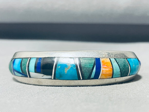 Wilf Chee Vintage Native American Navajo 6 Inch Wrist Sterling Silver Inlay Bracelet-Nativo Arts