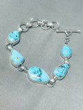 Brilliant Native American Navajo Signed Kingman Turquoise Sterling Silver Link Braclet-Nativo Arts