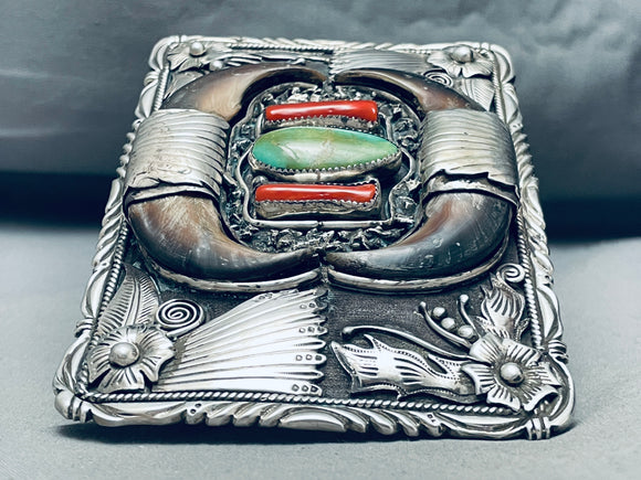 313 Grams Vintage Native American Navajo Turquoise Sterling Silver Bear Bracelet-Nativo Arts