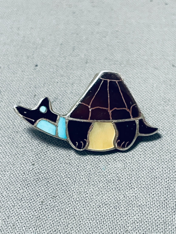 Cutest Vintage Native American Zuni Blue Gem Turquoise Jet Sterling Silver Turtle Pin/pendant-Nativo Arts