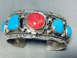 Majestic Vintage Native American Navajo Rhodolyte 5 Blue Gem Turquoise Sterling Silver Cuff-Nativo Arts