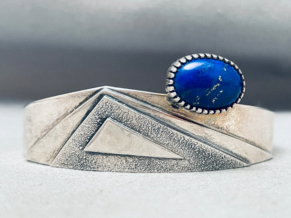 Cool Geomtric Vintage Native American Navajo Lapis Sterling Silver Bracelet