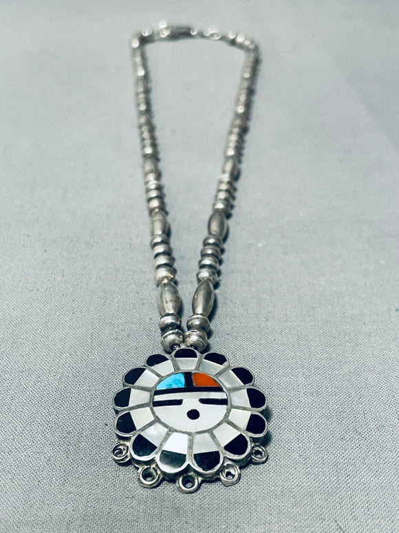 Noteworthy Vintage Native American Zuni Turquoise Sterling Silver Sunface Necklace-Nativo Arts