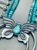 Gorgeous Native American Navajo Turquoise Sterling Silver Buttefly Squash Blossom Necklace-Nativo Arts