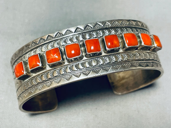 Awesome Vintage Native American Navajo Squared Coral Sterling Silver Bracelet-Nativo Arts