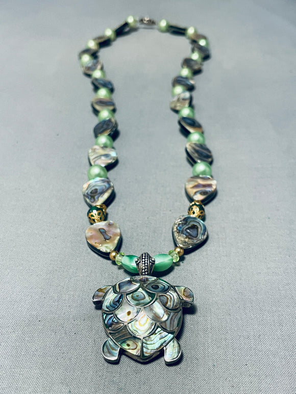 Native American Tortoise Of Shell Vintage Detailed Sterling Silver Abalone Necklace-Nativo Arts