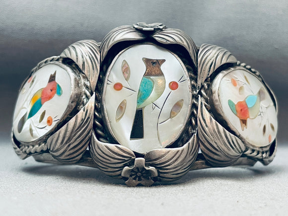Native American One Of The Best Vintage Navajo Turquoise Bird Inlay Sterling Silver Bracelet-Nativo Arts