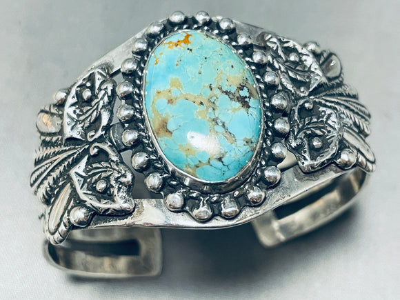 Highly Detailed Vintage Native American Navajo #8 Turquoise Sterling Silver Bracelet Cuff-Nativo Arts