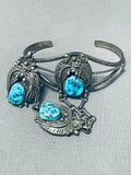 Rare Vintage Signed Native American Navajo 3 Morenci Turquoise Sterling Silver Slave Bracelet-Nativo Arts