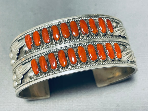 David Nieto Vintage Zuni Coral Sterling Silver 2 Row Bracelet Cuff-Nativo Arts