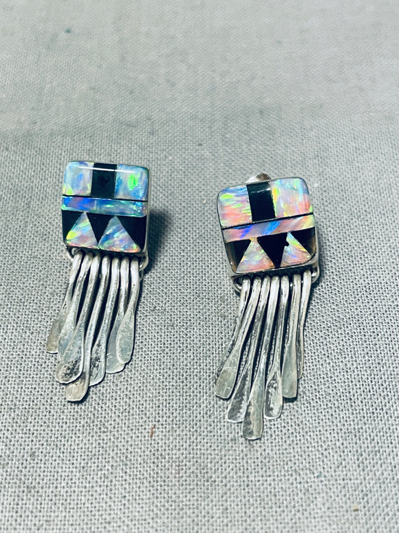 Dazzling Vintage Native American Zuni Inlay Opal Jet Square Sterling Silver Earrings-Nativo Arts