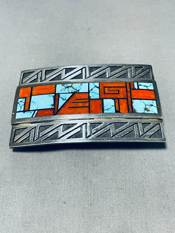 Magnificent Vintage Native American Navajo Red Mountain Turquoise Sterling Silver Buckle-Nativo Arts