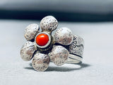 Signed Native American Navajo Coral Sterling Silver Flower Ring-Nativo Arts