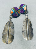 So Detailed Vintage Native American Zuni Turquoise Sterling Silver Inlay Earrings-Nativo Arts