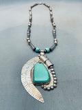 One Of The Biggest Crazy Vintage Native American Navajo Turquoise Leaf Sterling Silver Necklace-Nativo Arts