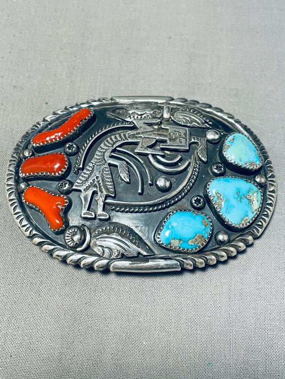 Very Rare Vintage Native American Navajo Yei Turquoise Coral Sterling Silver Buckle-Nativo Arts