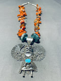 Huge Coral Chunk Native American Navajo Sterling Silver Kachina Doll Necklace-Nativo Arts