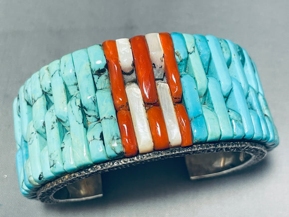 7 Inch Wrist Vintage Native American Navajo Turquoise Coral Inlay Sterling Silver Bracelet-Nativo Arts