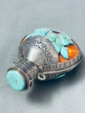 Huge Heavy Vintage Native American Navajo Turquoise Inlaid Sterling Silver Flask Pendant-Nativo Arts