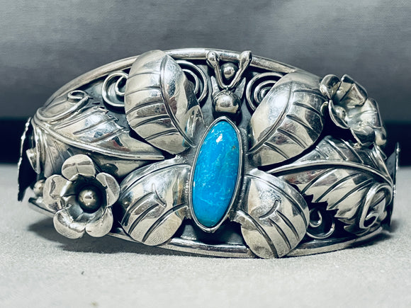 Domingo Signed Vintage Butterfly Turquoise Sterling Silver Bracelet-Nativo Arts