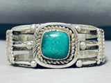 Ornate Vintage Signed Native American Navajo Green Kingman Turquoise Sterling Silver Bracelet-Nativo Arts