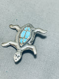 Precious Vintage Native American Navajo Blue Gem Turquoise Sterling Silver Turtle Pin-Nativo Arts