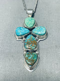 Inspirational Native American Navajo 5 Pilot Mountain Turquoise Sterling Silver Cross Necklace-Nativo Arts