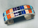 Tsadiase Vintage Native American Zuni Turquoise Inlay Sterling Silver Squared Bracelet Cuff-Nativo Arts