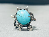 Adorable Vintage Native American Navajo Blue Gem Turquoise Sterling Silver Turtle Ring-Nativo Arts