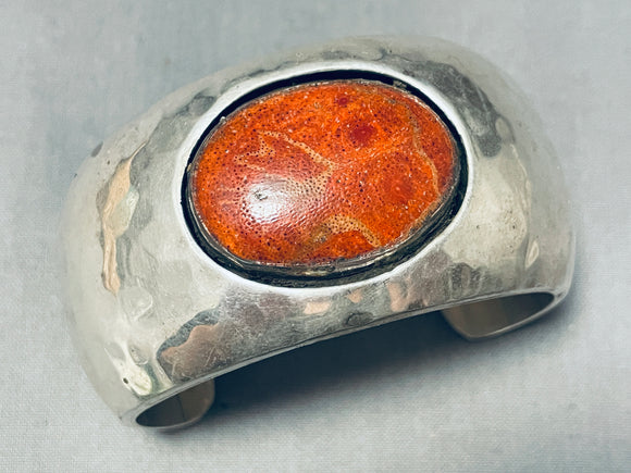 One Of The Biggest Single Coral Vintage Navajo Sterling Silver Bracelet-Nativo Arts
