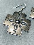 Supreme Vintage Native American Navajo Sterling Silver Cross Handstamped Earrings-Nativo Arts