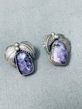 Stunning Vintage Native American Navajo Charoite Sterling Silver Leaf Earrings-Nativo Arts