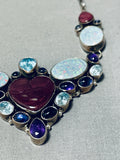 Beautiful Native American Navajo Signed Topaz Amethyst Heart Sterling Silver Necklace-Nativo Arts
