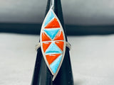 Dazzling Vintage Native American Zuni Blue Gem Turquoise Coral Inlay Sterling Silver Ring-Nativo Arts