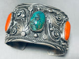 H Boyd Vintage Native American Navajo Green Turquoise Coral Sterling Silver Bracelet Old-Nativo Arts
