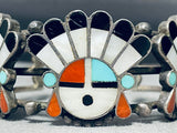 One Of Best Heavy Early Native American Zuni Inlay Sun God Sterling Silver Turquoise Bracelet