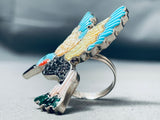 Massive Vintage Native American Zuni Turquoise Hummingbird Inlay Sterling Silver Ring