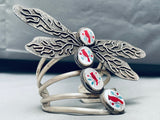Gigantic Native American Navajo Cardinal Inlay Sterling Silver Dragonfly Bracelet-Nativo Arts